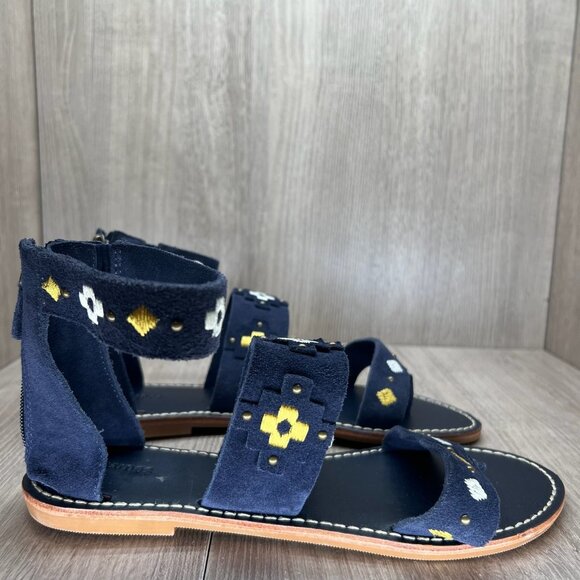 Soludos Embroidered Three Banded Flat Sandals Womens 8 Ankle Zip Suede Navy Blue - Picture 1 of 10